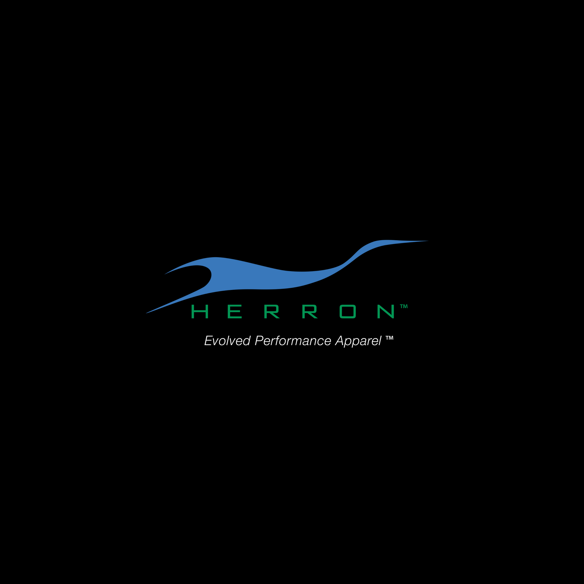Herron Apparel logo with blue wave representing a Blue Heron over the letters H E R R O N in green and the tagline 'Evolved Performance Apparel' in white