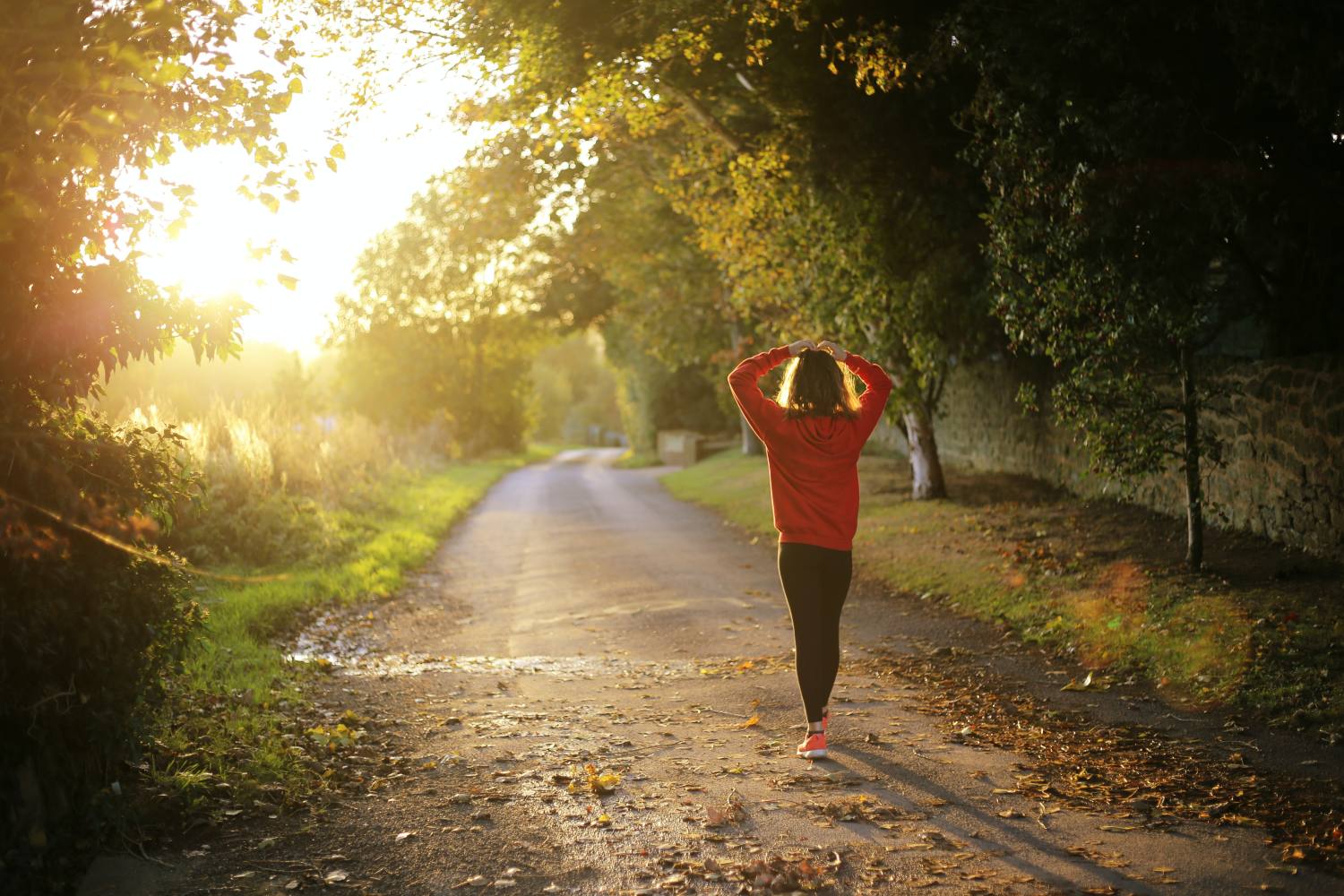 Blonde-haired woman with back to camera in Herron Apparel running pants and jacket looking into the morning sun on country lane.