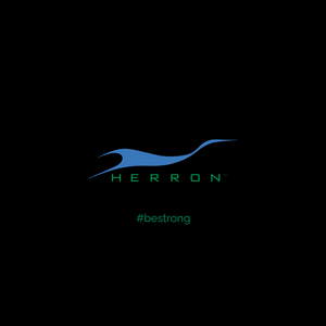 Herron Apparel logo on a black background with blue wave representing a Blue Heron with the letters H E R R O N in green below it along with the #hashtag bestrong