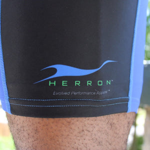 Close up of the Herron Apparel logo on the right leg of the ultra-comfortable Herron running shorts
