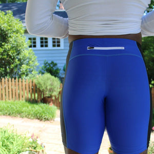 Detail picture of the back, zippered pocket built into the Herron Apparel running shorts. 