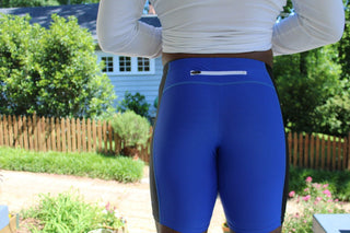 Detail picture of the back, zippered pocket built into the Herron Apparel running shorts. 